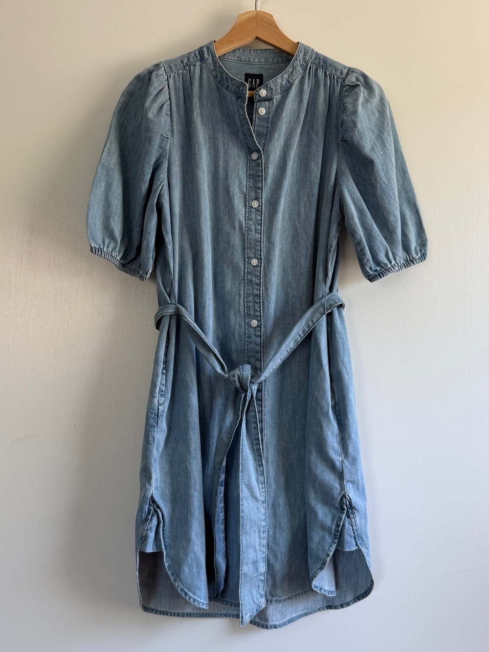 GAP Washed Blue Chambray Denim Shirt Dress with Tie Waist